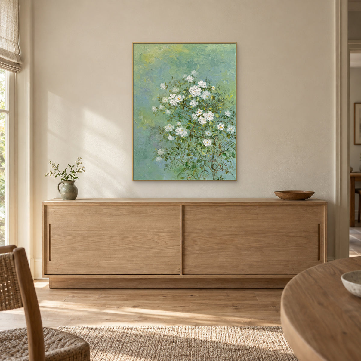 Tableau floral de jasmin dans un cadre champagne, centré au-dessus d’un buffet en bois clair