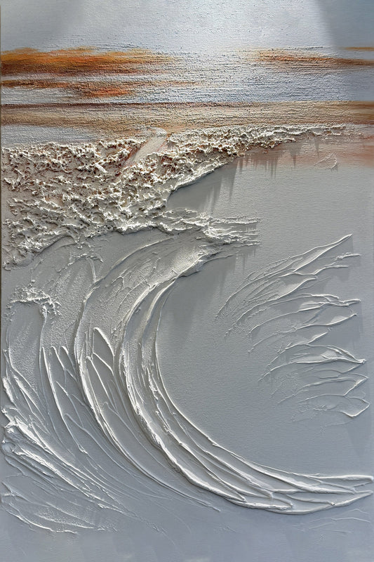 Aegean Oscillation gray and white textured wave painting, full artwork view