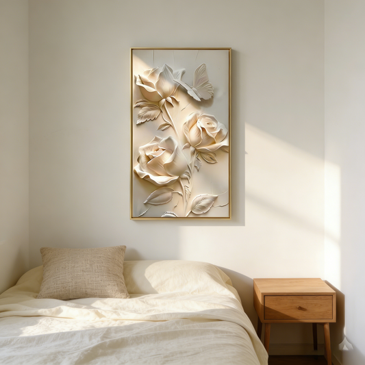 Luminous Petal above a small cream bed in a bright bedroom