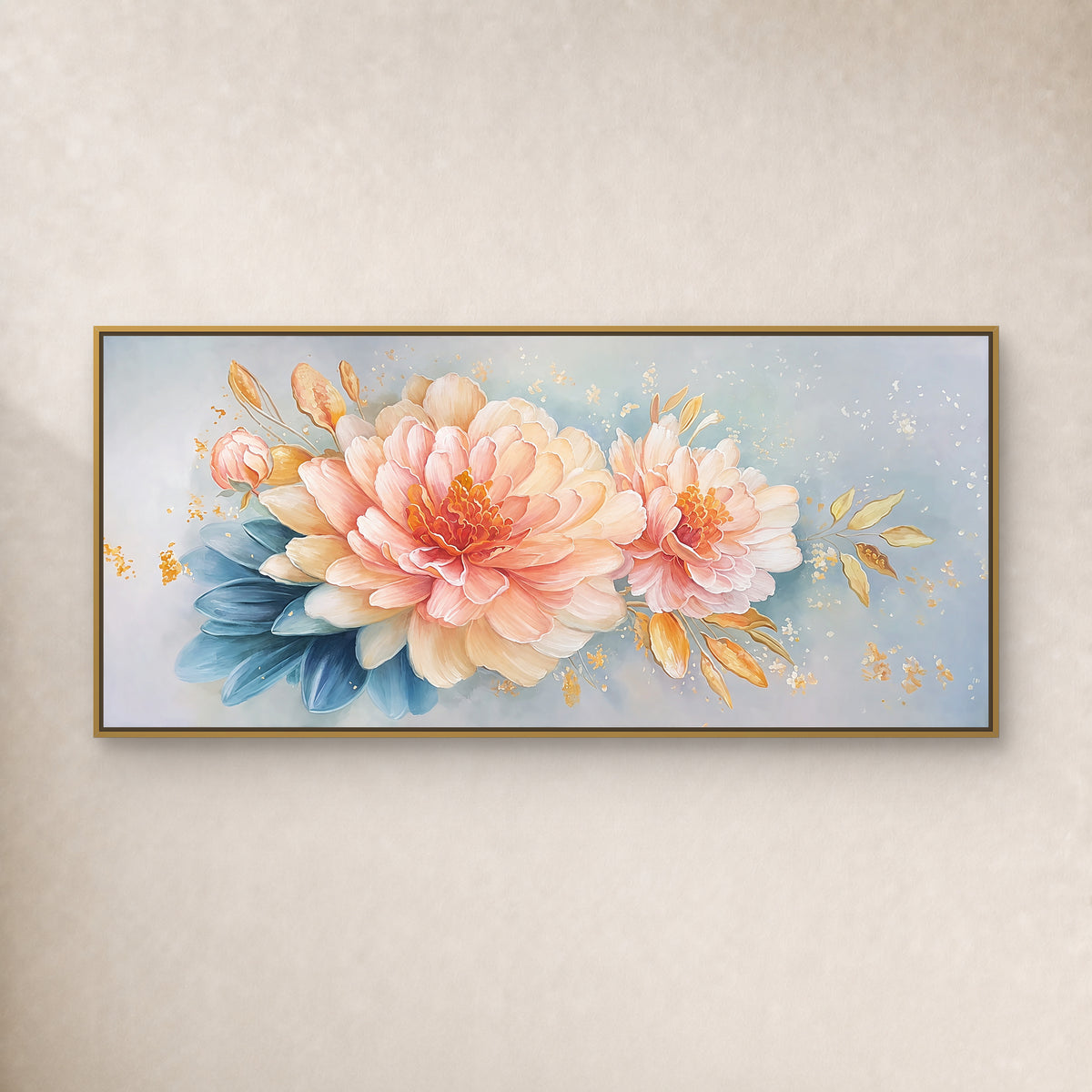 Blush and peach peonies with blue leaves, in a thin gold-toned floating frame on a plain warm ivory wall