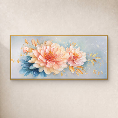 Blush and peach peonies with blue leaves, in a thin gold-toned floating frame on a plain warm ivory wall