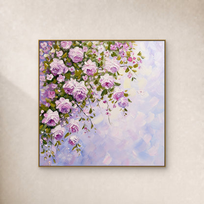 Square lilac rose painting in a thin gold floating frame on an ivory wall