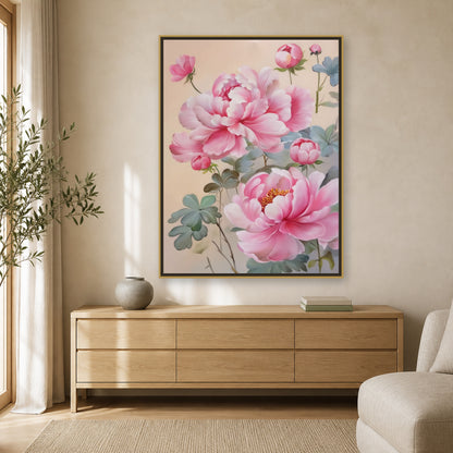 Blush Peonies in a slim brass floating frame above a pale oak living room sideboard
