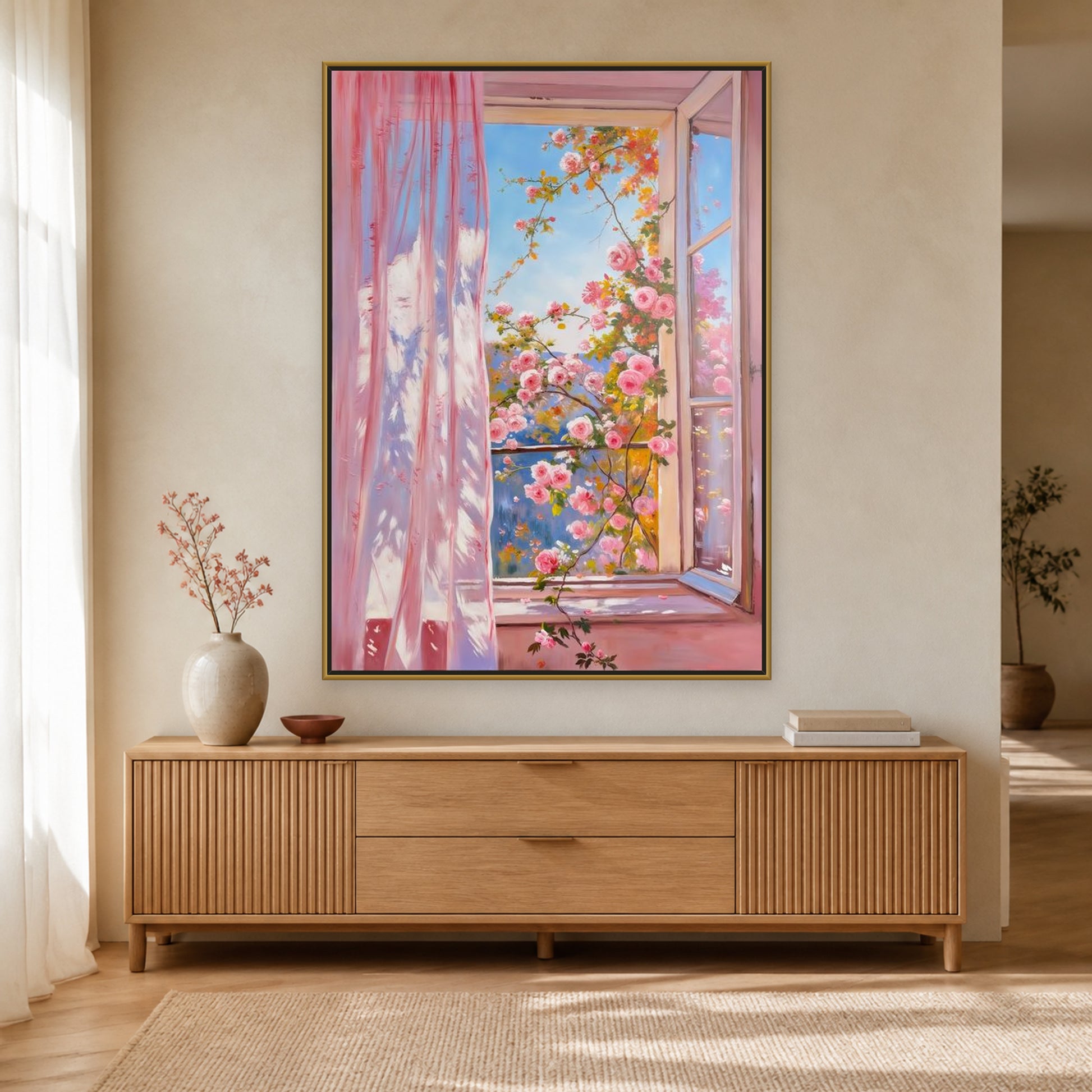 Roses at the Open Window in a slim brass floating frame above a warm oak sideboard