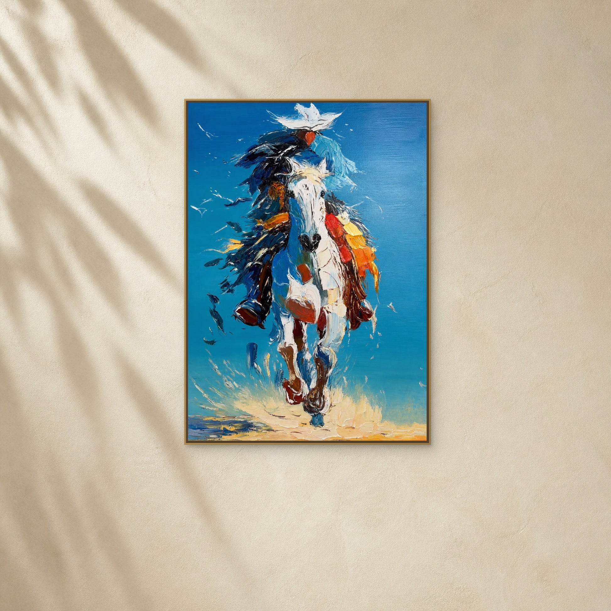 Blue Sky Gallop in a slim gold floating frame on a warm ivory wall with soft diagonal sunlight