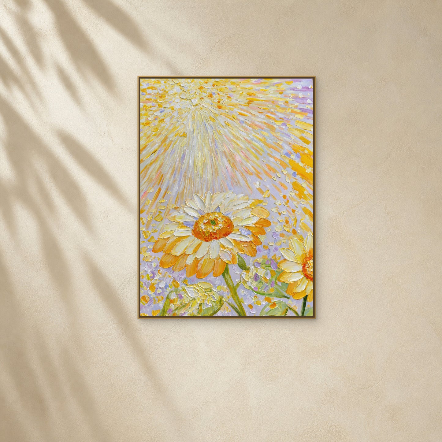 Sunflowers in Golden Light in a slim gold floating frame on a warm ivory wall with soft diagonal sunlight