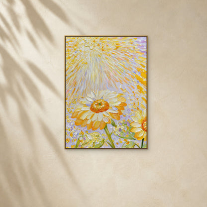 Sunflowers in Golden Light in a slim gold floating frame on a warm ivory wall with soft diagonal sunlight