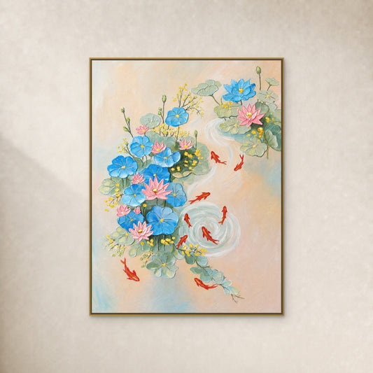 Nine Koi and Lotus in a slim gold floating frame on an uninterrupted warm ivory wall