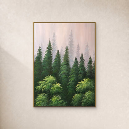 Morning Mist in the Pines in a slim gold floating frame on a restrained warm ivory wall