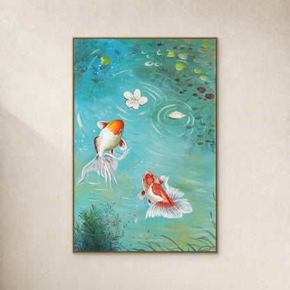 Two koi in a turquoise pond painting in a thin gold floating frame on a warm ivory wall