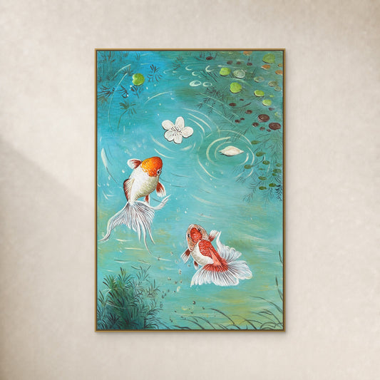 Two koi in a turquoise pond painting in a thin gold floating frame on a warm ivory wall