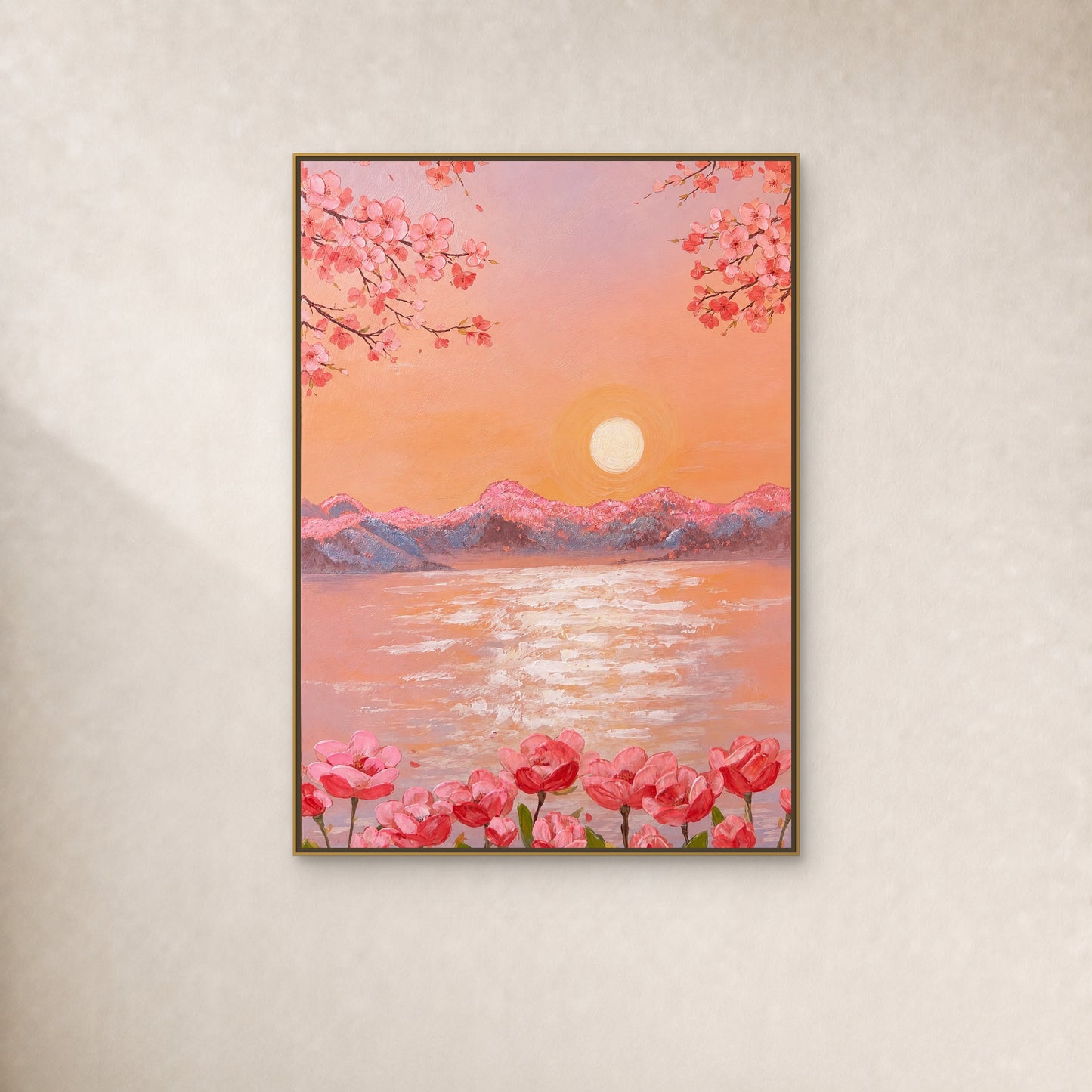 Peach Blossom Sunrise in a slim gold floating frame on a restrained warm ivory wall