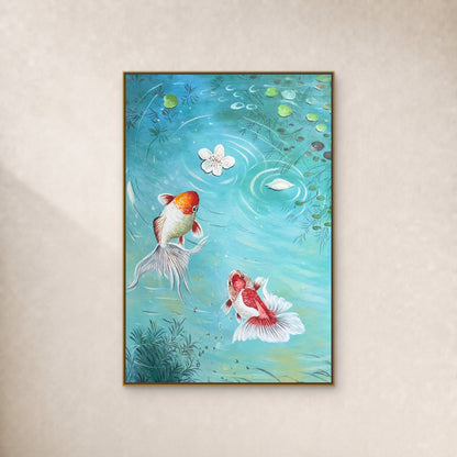 Two long-tailed goldfish in turquoise water, in a slim gold floating frame on a warm ivory wall