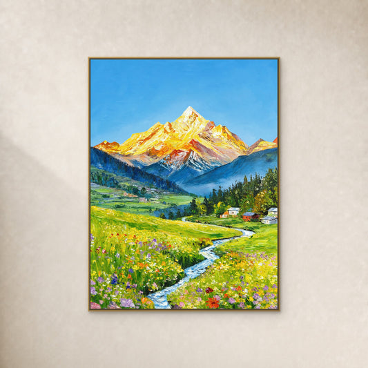 Spring Beneath the Golden Mountain in a slim gold floating frame on an uninterrupted warm ivory wall