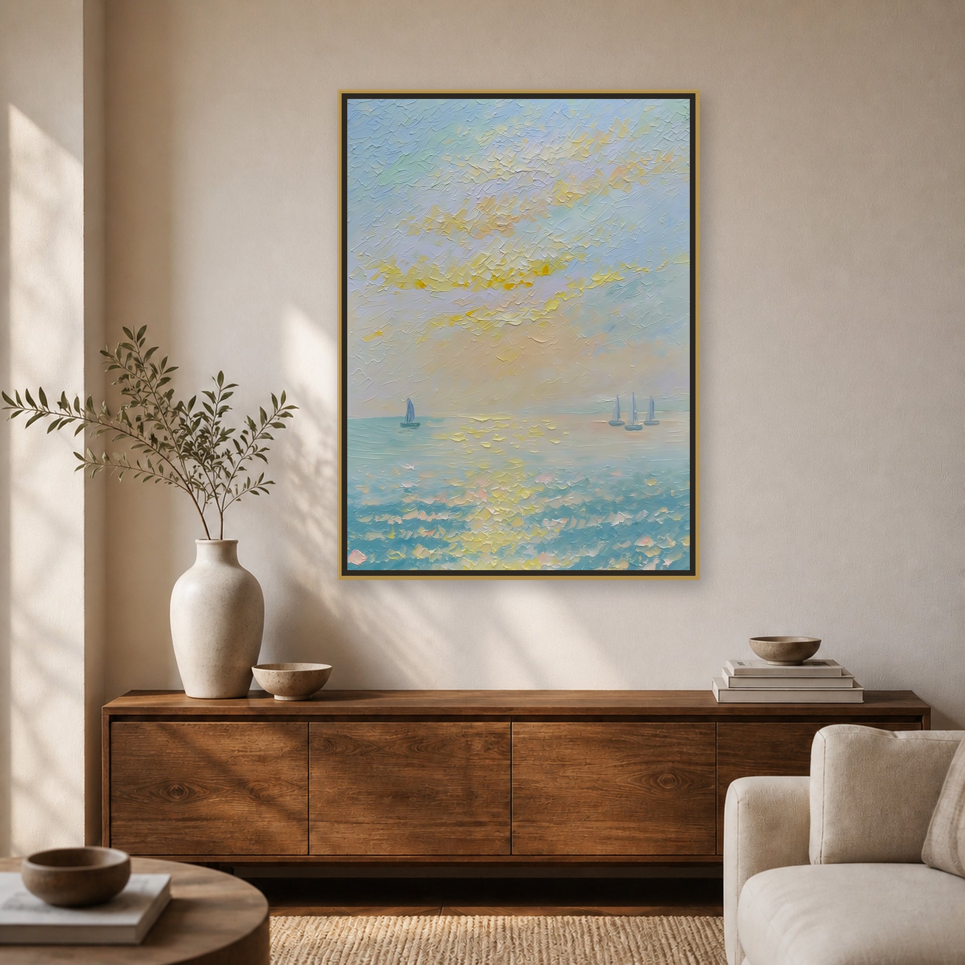 Sails on a Golden Sea in a slim brass floating frame above a walnut living room sideboard