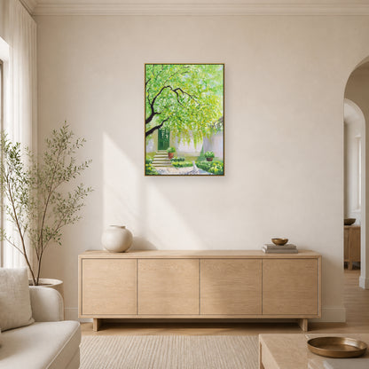 Spring Courtyard in a slim brass floating frame above a pale oak living room sideboard