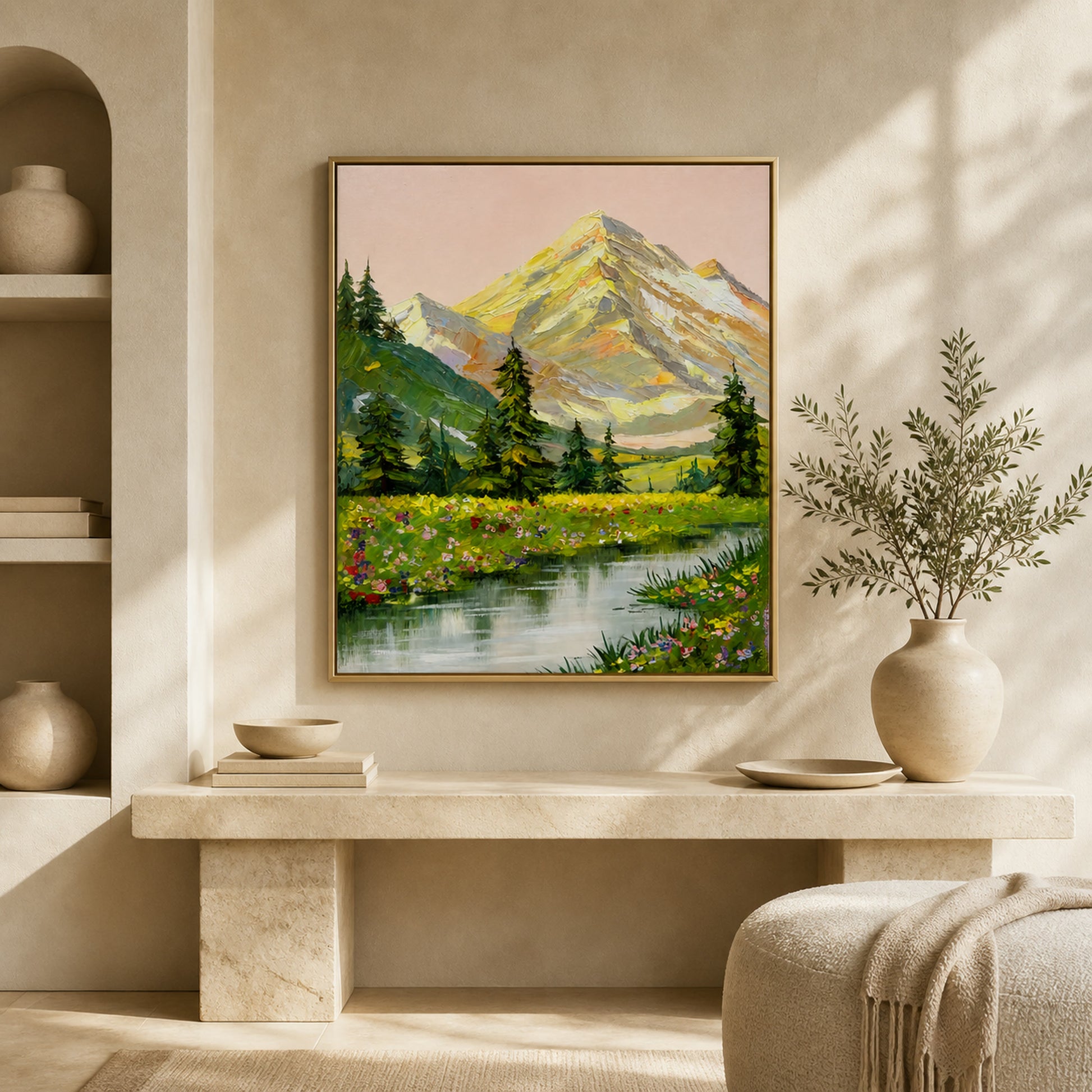 Sunlit Alpine Meadow mountain painting in a gold floating frame above a stone console