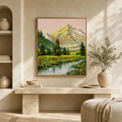 Sunlit Alpine Meadow mountain painting in a gold floating frame above a stone console