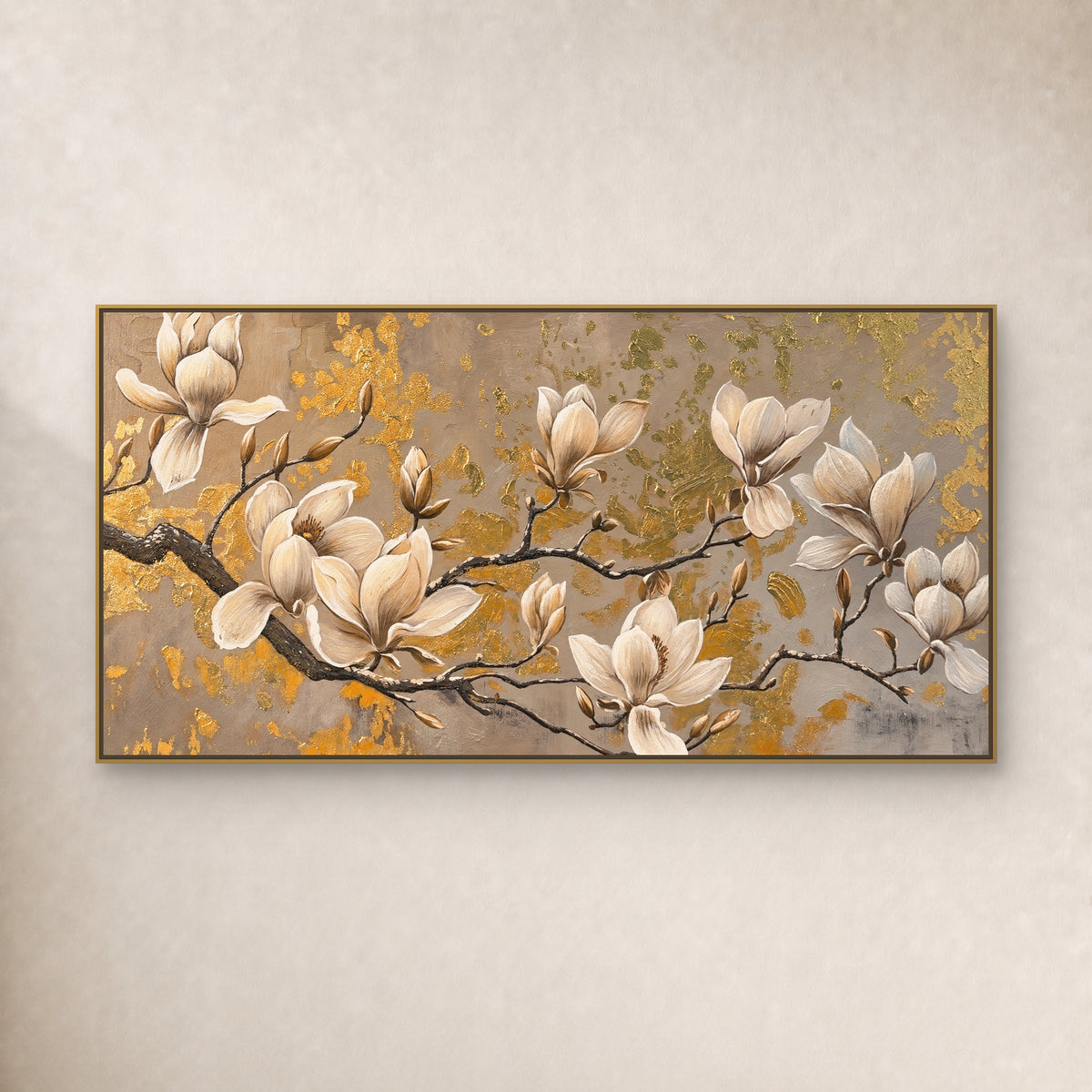 Ivory magnolia blossoms on dark branches against a taupe and gold-toned ground, shown in a slim gold frame