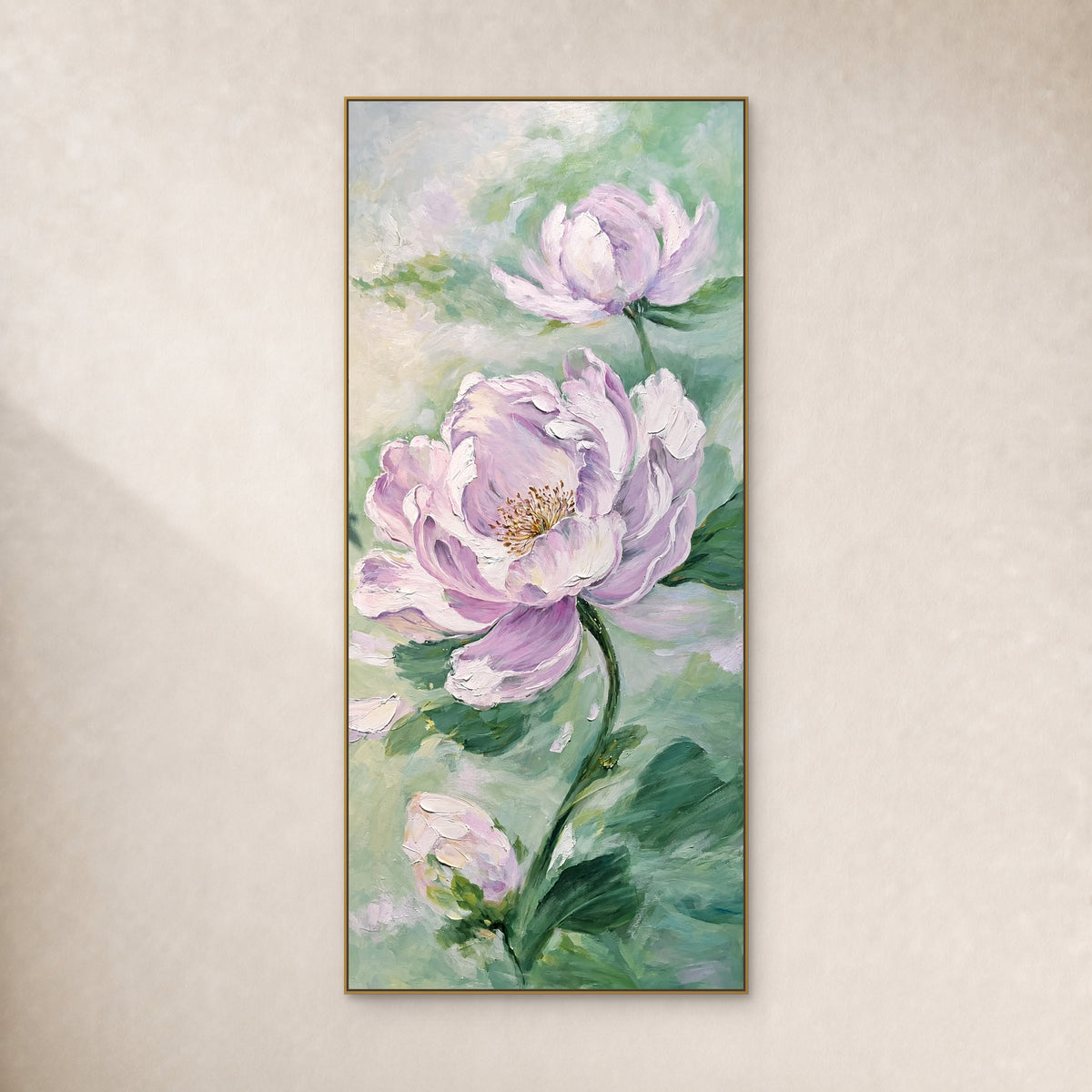 Tall lilac peony painting on a mint and ivory ground in a thin gold-coloured floating frame against a warm ivory wall