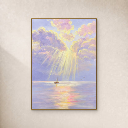 Pale yellow rays break through lilac clouds above a small sailboat, in a slim gold frame on an ivory wall.