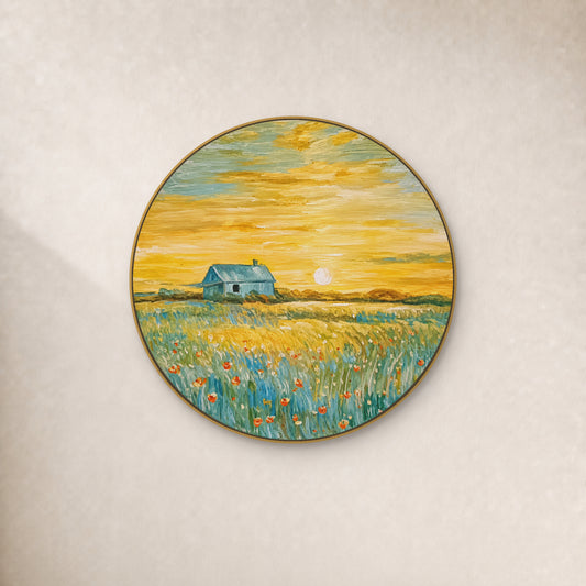 Round cottage and golden meadow painting in a thin gold-tone frame on an ivory wall