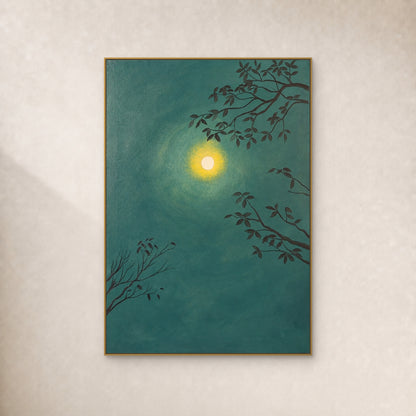 Green moon and branches painting in a thin gold-tone floating frame on a warm ivory wall