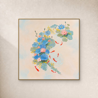 Tableau carré de lotus pastel et de neuf carpes rouges dans un fin cadre doré sur un mur ivoire