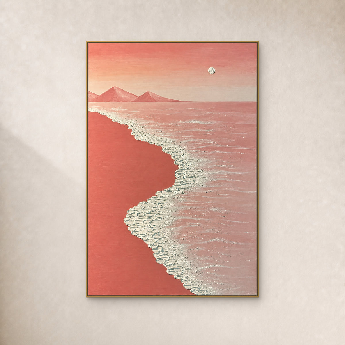 Pink beach painting with raised ivory surf, distant mountains and a pale disc in a thin gold floating frame
