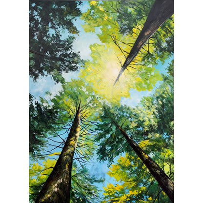 Full view of Light Through the Trees, a vertical hand-painted forest canopy artwork