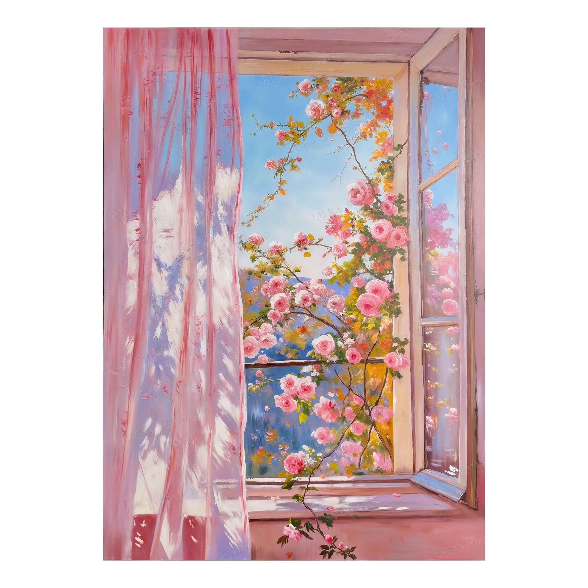 Full view of Roses at the Open Window, a vertical hand-painted floral window artwork