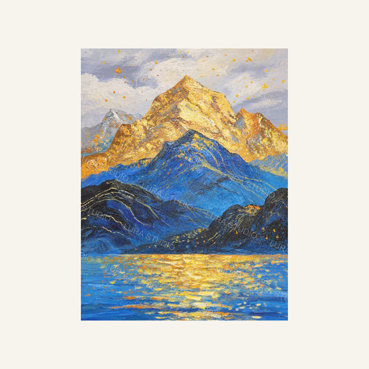 Full view of Golden Summit, a vertical blue and gold mountain scene with layered ridges and reflected light on water