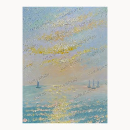 Full view of Sails on a Golden Sea, a vertical hand-painted sailboat seascape