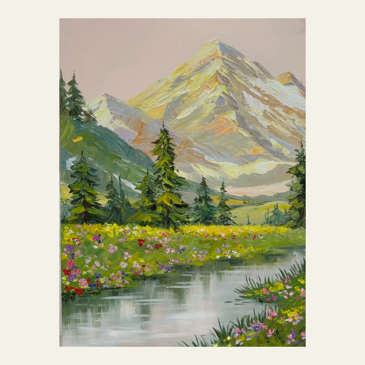 Full view of Sunlit Alpine Meadow hand-painted mountain landscape