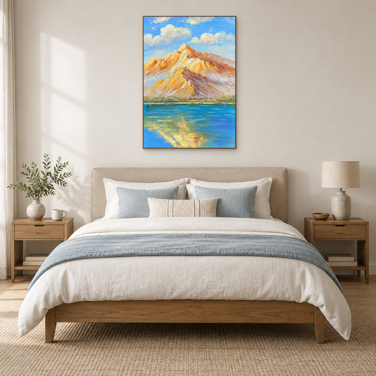 Tableau vertical de montagne et de lac dans un cadre ton chêne, centré au-dessus d'un lit clair