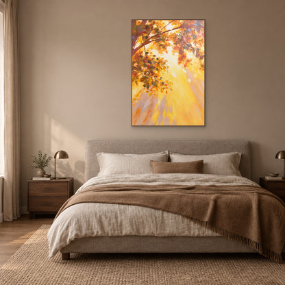Amber-leaf tree painting in a slim wood-look frame centred above a linen headboard in a warm neutral bedroom.