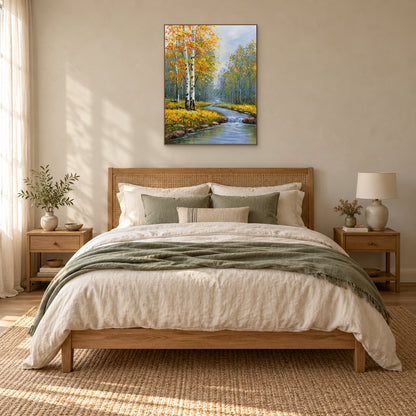 Paysage de sous-bois et ruisseau, cadre ton chêne au-dessus d’une tête de lit cannée et de draps crème et sauge.