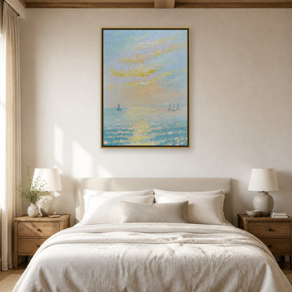 Sails on a Golden Sea in a slim brass floating frame above a neutral upholstered bed