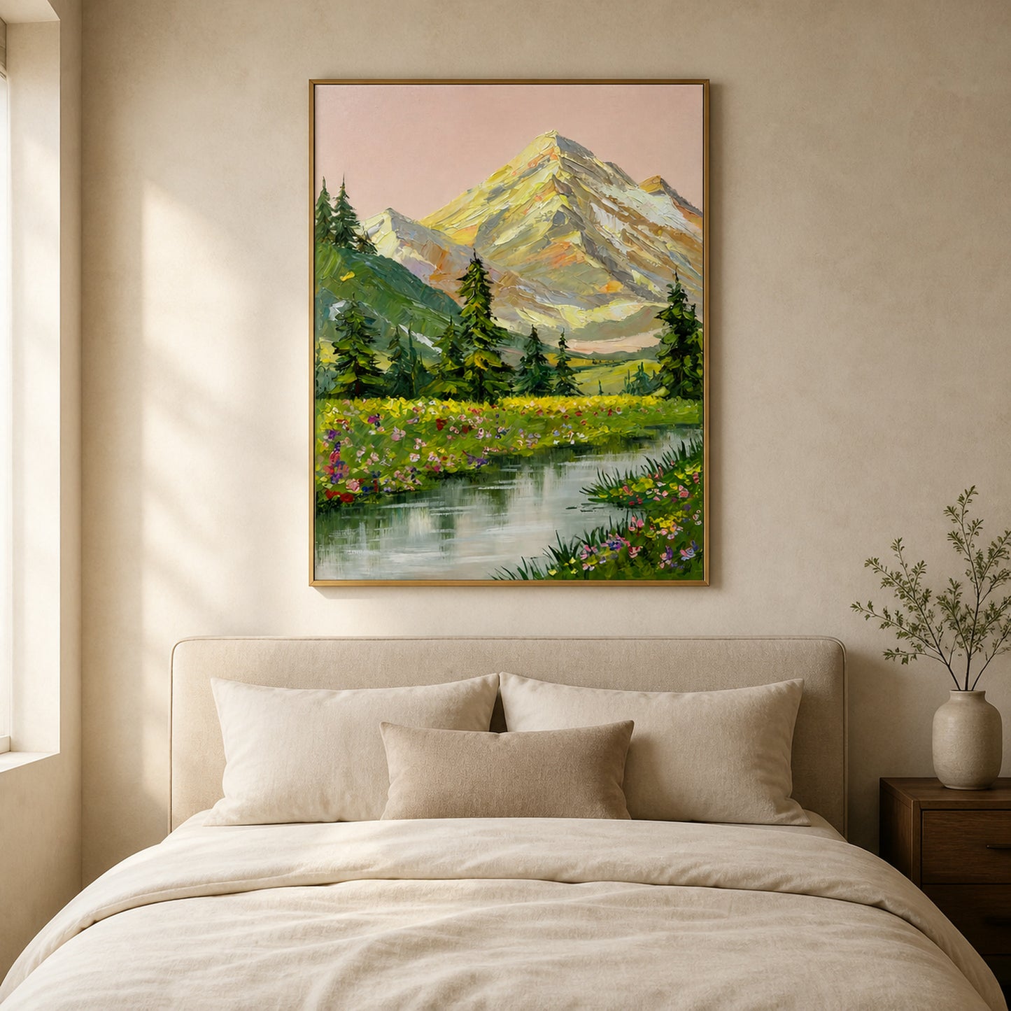 Sunlit Alpine Meadow mountain wall art in a calm cream bedroom