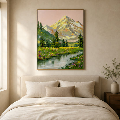 Sunlit Alpine Meadow mountain wall art in a calm cream bedroom