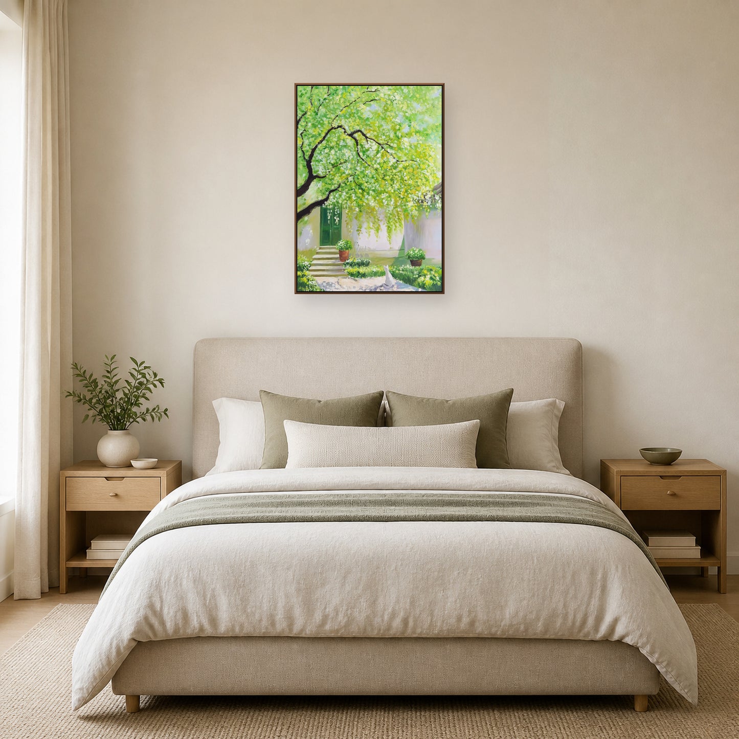 Spring Courtyard in a slim oak floating frame above a neutral upholstered bed