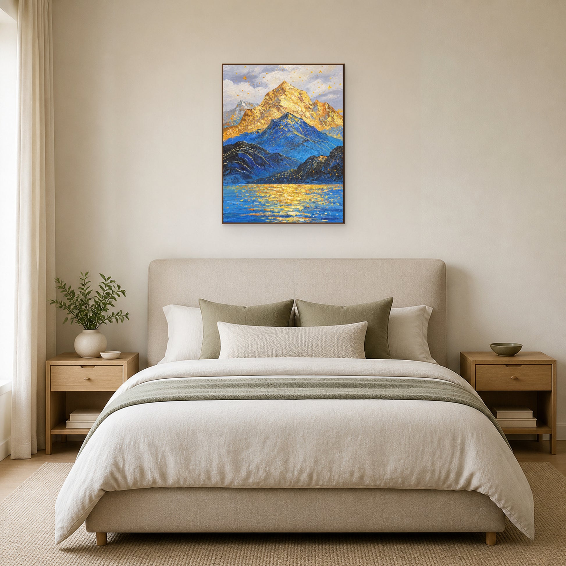 Golden Summit in a slim oak floating frame above a neutral upholstered bed