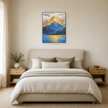 Golden Summit in a slim oak floating frame above a neutral upholstered bed