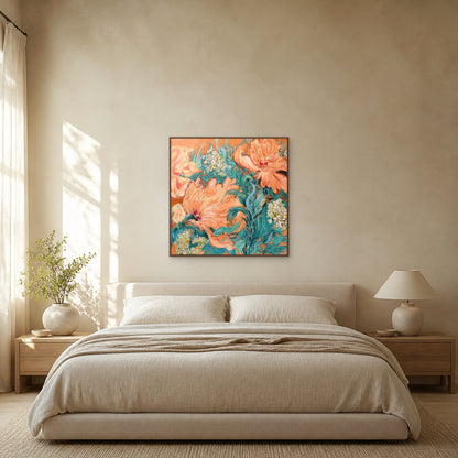 Jardin de pivoines corail dans un fin cadre flottant en chêne centré au-dessus d’un lit avoine dans une chambre couleur pierre calcaire
