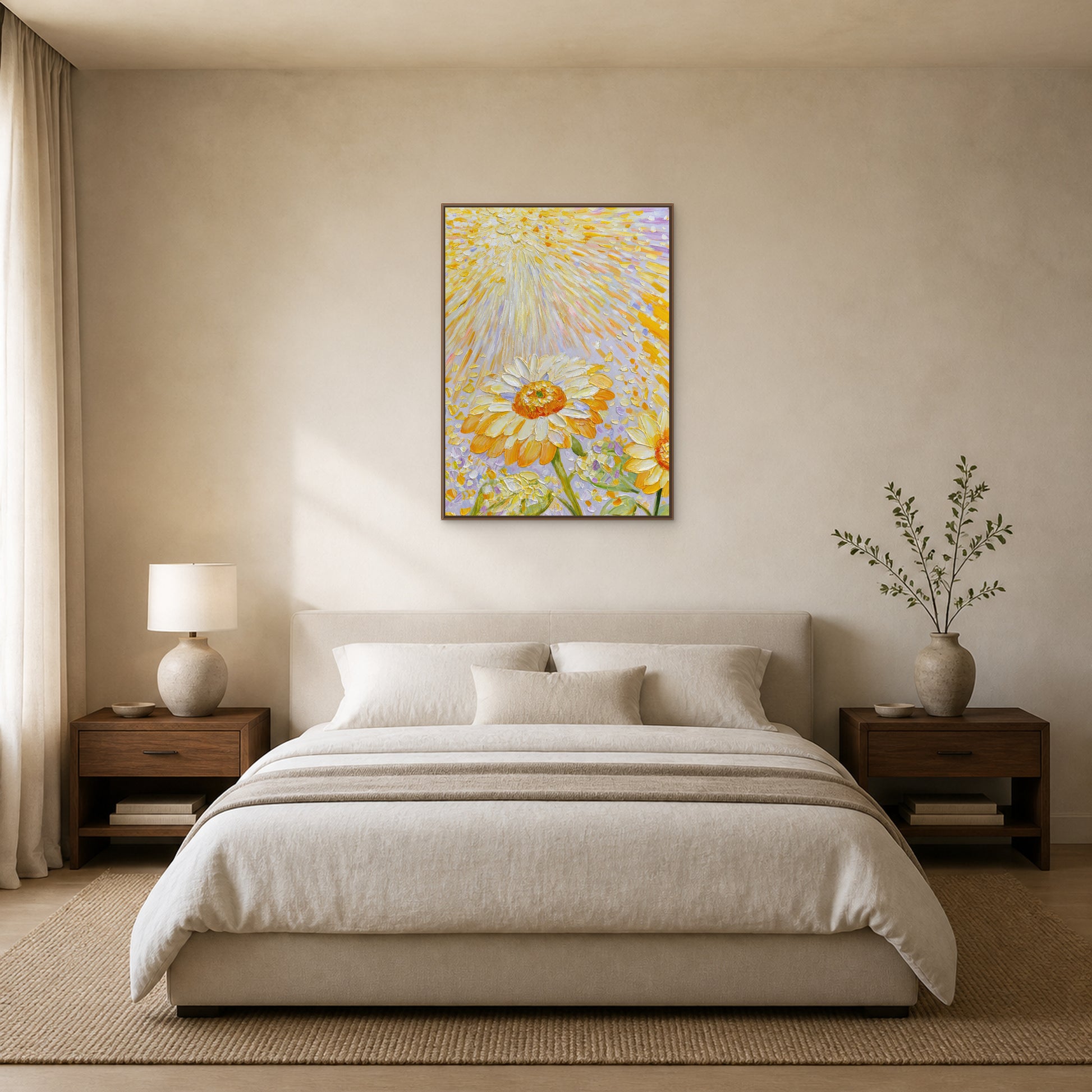 Sunflowers in Golden Light in a slim oak floating frame centred above an oatmeal bed in a warm neutral bedroom