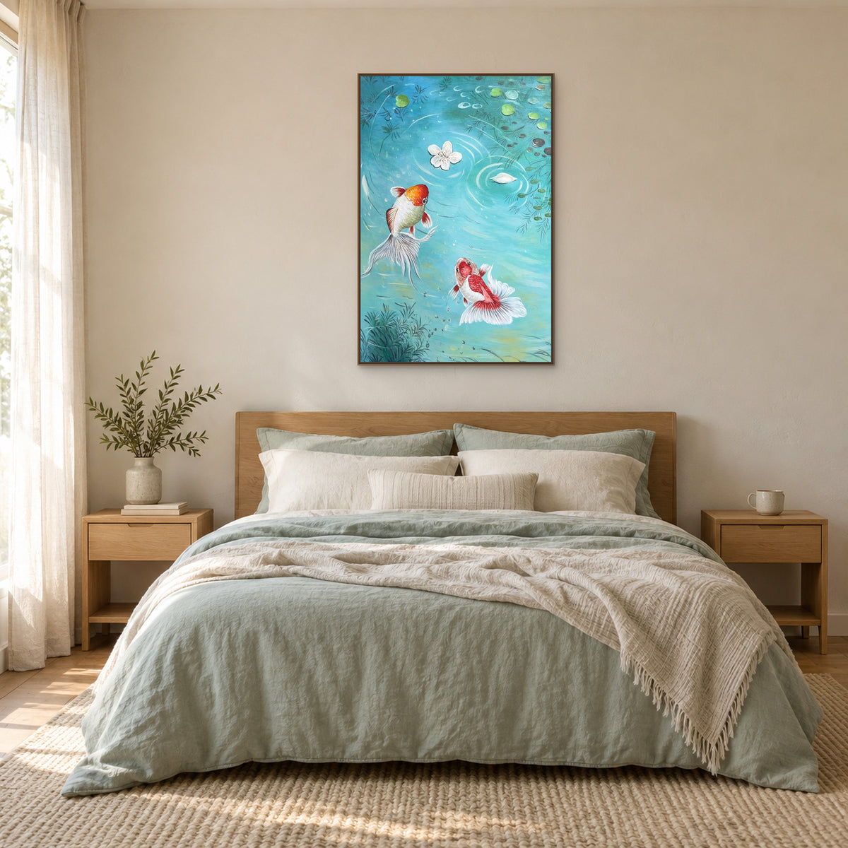 Vertical goldfish painting in an oak-look floating frame centred above a bed