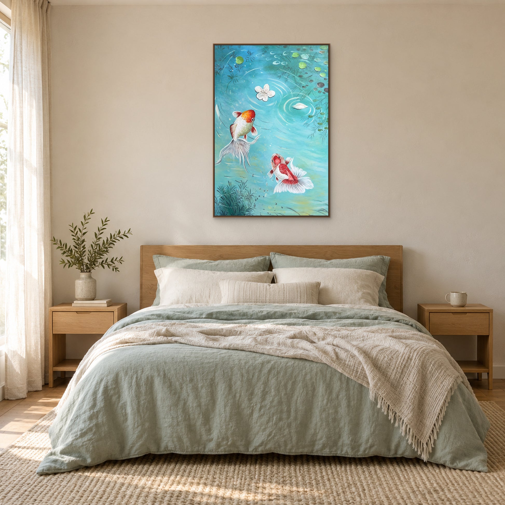 Vertical goldfish painting in an oak-look floating frame centred above a bed