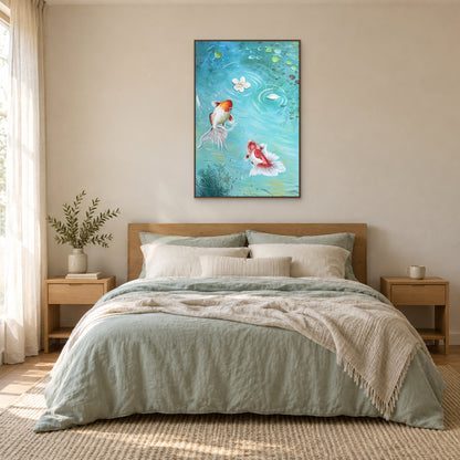 Vertical goldfish painting in an oak-look floating frame centred above a bed