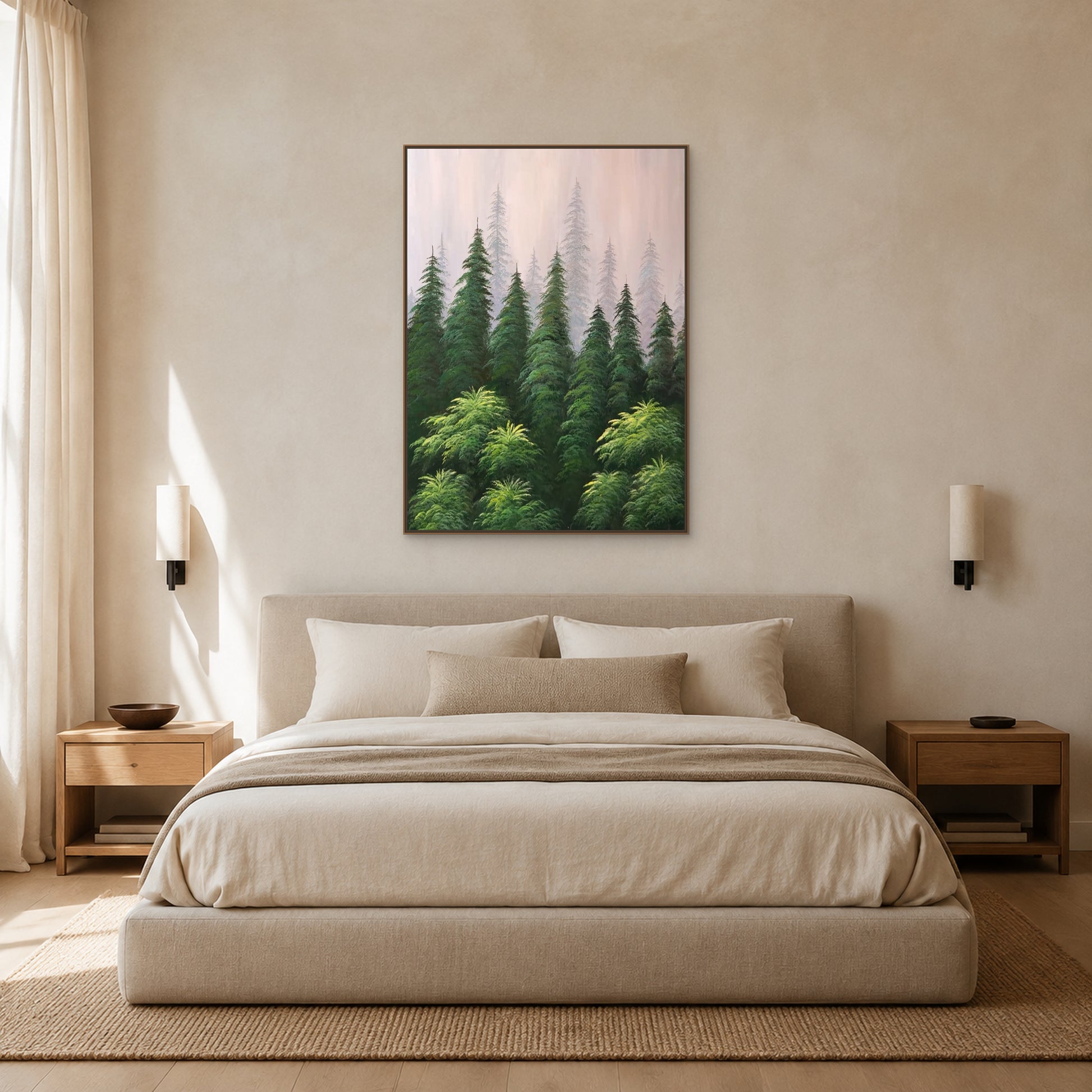 Misty pine forest painting in a slim oak floating frame centred above an oatmeal upholstered bed