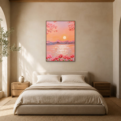 Peach Blossom Sunrise in a slim oak floating frame centred above an oatmeal upholstered bed